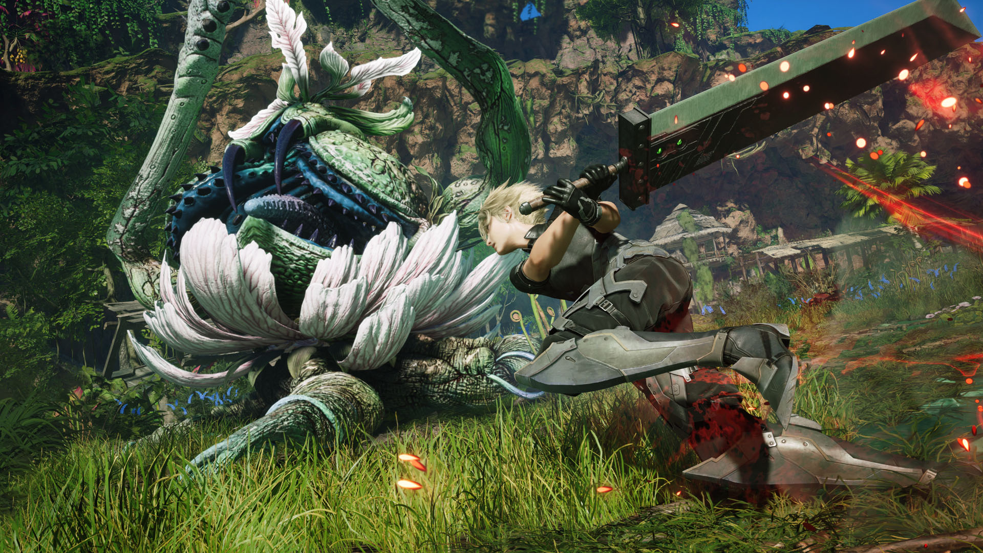 Cloud dashes towards an enemy wearing slick armor in Final Fantasy 7 Revelation with his Buster Sword raised to attack