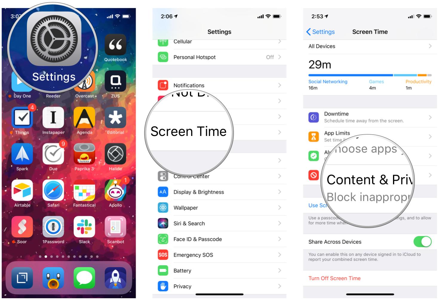 Open Settings, tap Screen Time, tap Content and Privacy