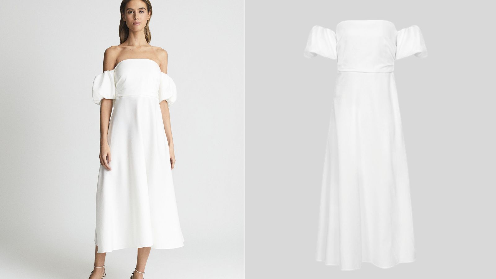 Reiss Puff Sleeve Off Shoulder Midi Dress