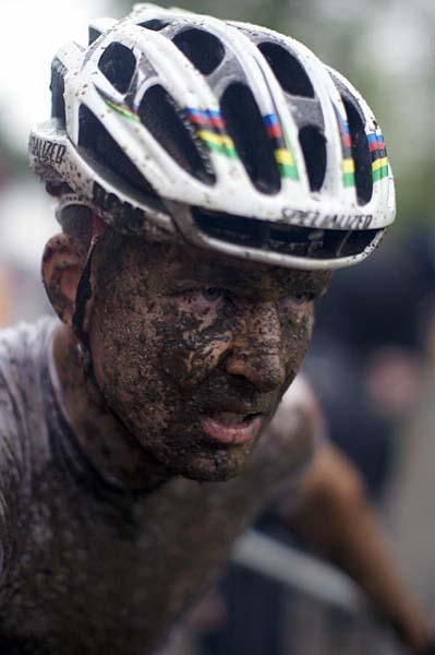 Christoph Sauser was covered with mud in Bromont at the World Cup