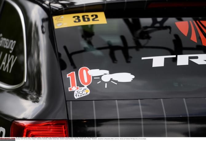 Trek's team car with the weather forecast