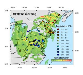 Rainfall amounts and oxygen-18 isotope values derived from water samples crowdsourced during Hurricane Sandy.