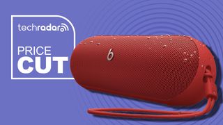 Beats Pill on purple background with TR's 'price cut' badge 