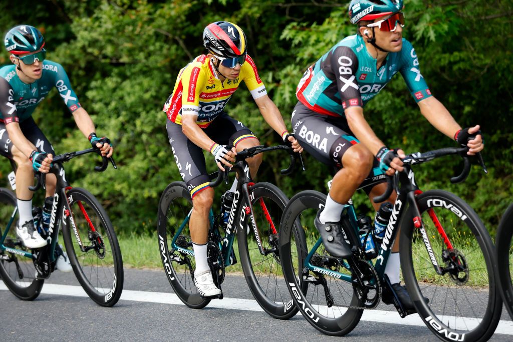 SANOK POLAND AUGUST 02 Sergio Andres Higuita Garcia of Colombia and Team Bora Hansgrohe Yellow Leader Jersey competes during the 79th Tour de Pologne 2022 Stage 4 a 1794km stage from Lesko to Sanok TdP22 WorldTour on August 02 2022 in Sanok Poland Photo by Bas CzerwinskiGetty Images