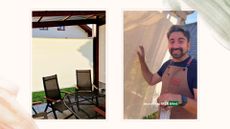 composite of blind on wooden pergola and a screeshot from Ish showing the hack