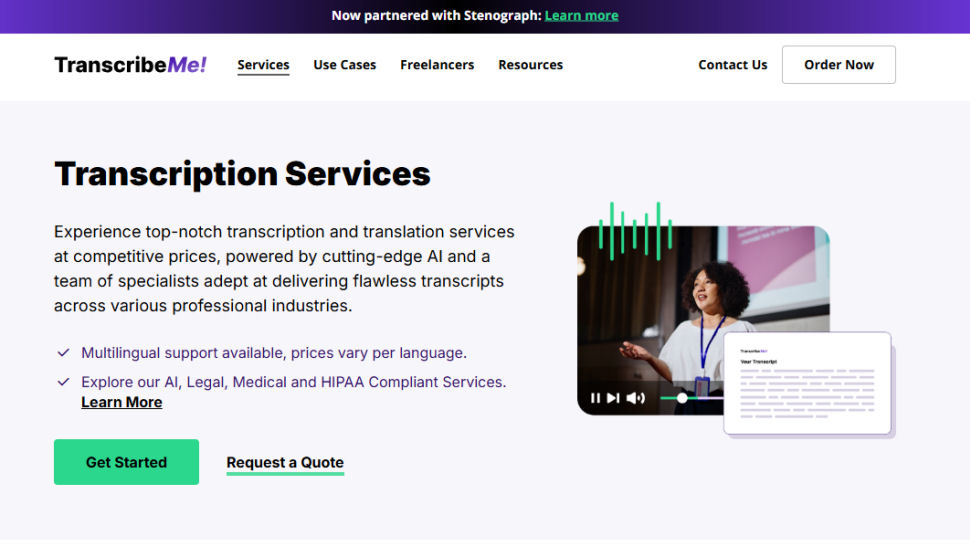 TranscribeMe website screenshot (June 2025)