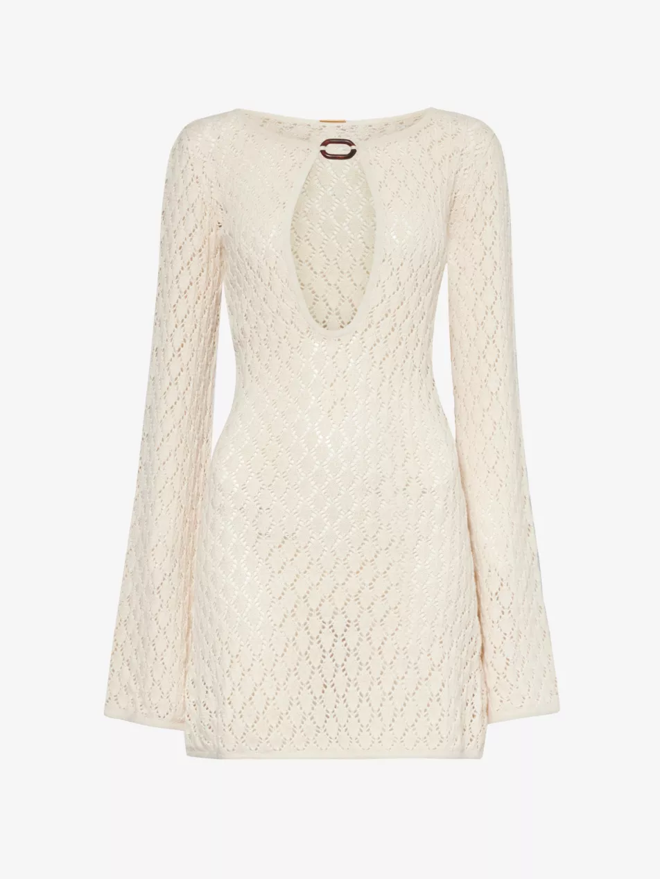 V-Neck Long-Sleeve Cotton-Crochet Mini Dress