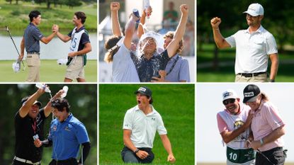 Six players celebrating on the Korn Ferry Tour in 2025