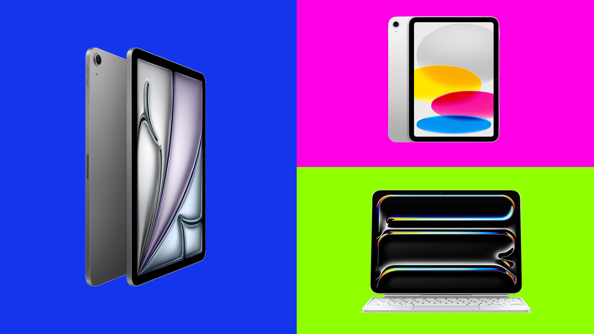 Black Friday iPad deals on M5 iPad Pro, M3 iPad Air and standard 2025 iPad on bright coloured backgrounds
