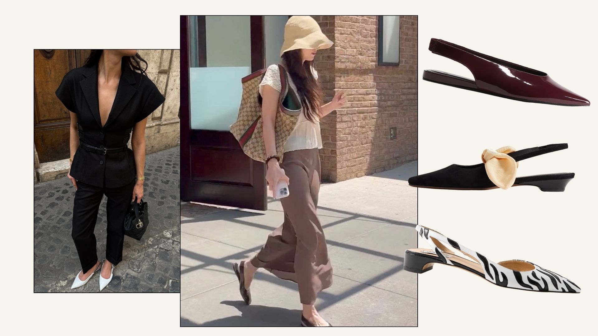 Influencer @kelseymerritt wears a black short-sleeve suit set with white pointed-toe slingback flats, next to image of Dakota Johnson wearing brown square-toe slingback flats with a brown calf-length dress and a white lace t-shirt.