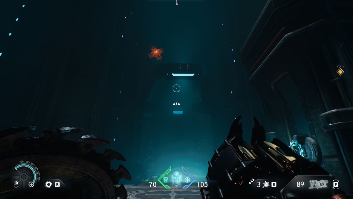 Doom: The Dark Ages Ancestral Forge secrets - A lock holds a platform in the air inside a large sci-fi hall area.
