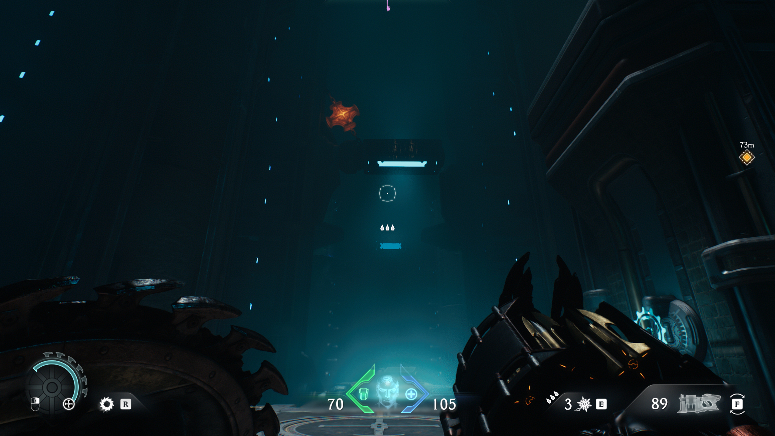 Doom: The Dark Ages Ancestral Forge secrets - A lock holds a platform in the air inside a large sci-fi hall area.