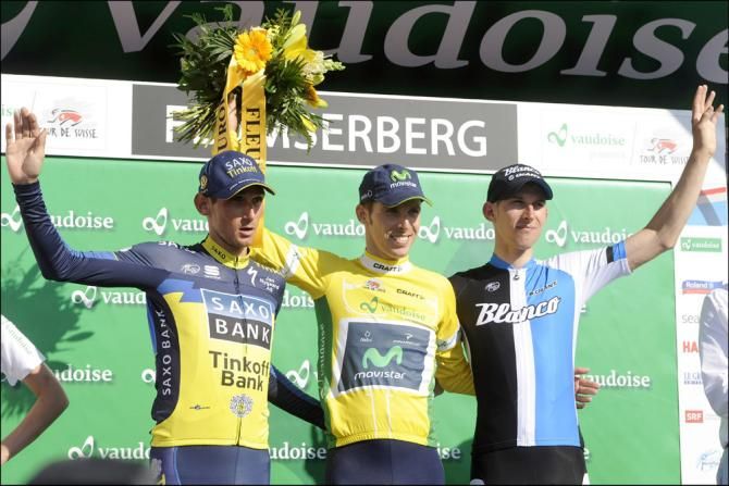 2013 Tour de Suisse final overall podium (L-R): Roman Kreuziger, Rui Costa and Bauke Mollema
