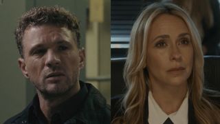 Ryan Phillippe and Jennifer Love Hewitt in 9-1-1: Nashville and 9-1-1's season premieres, edited side by side.