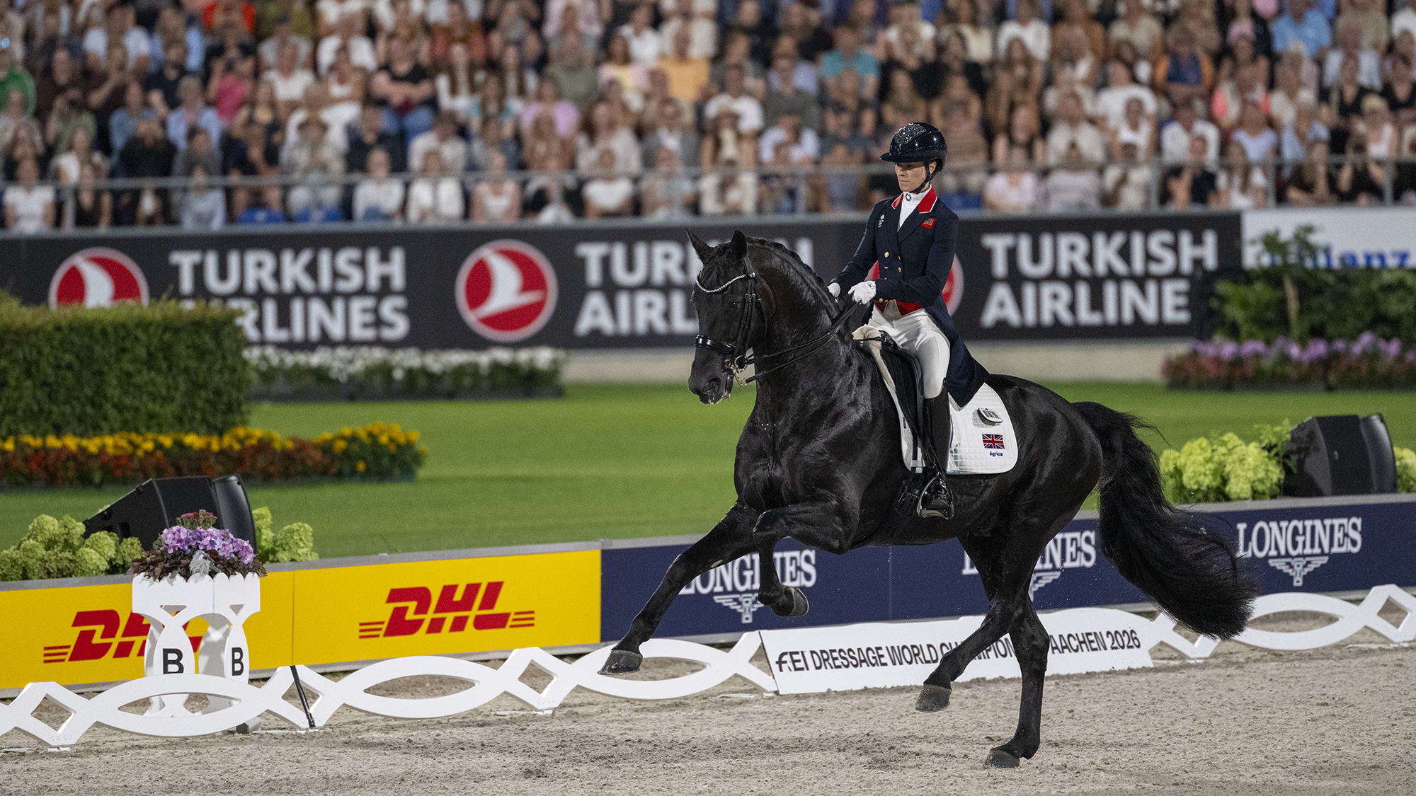 Britain's Charlotte Fry shows off Glamourdale's incredible canter in the FEI Dressage World Championship Grand Prix Freestyle at the 2026 FEI World Championships Aachen, Germany on 15 August 2026