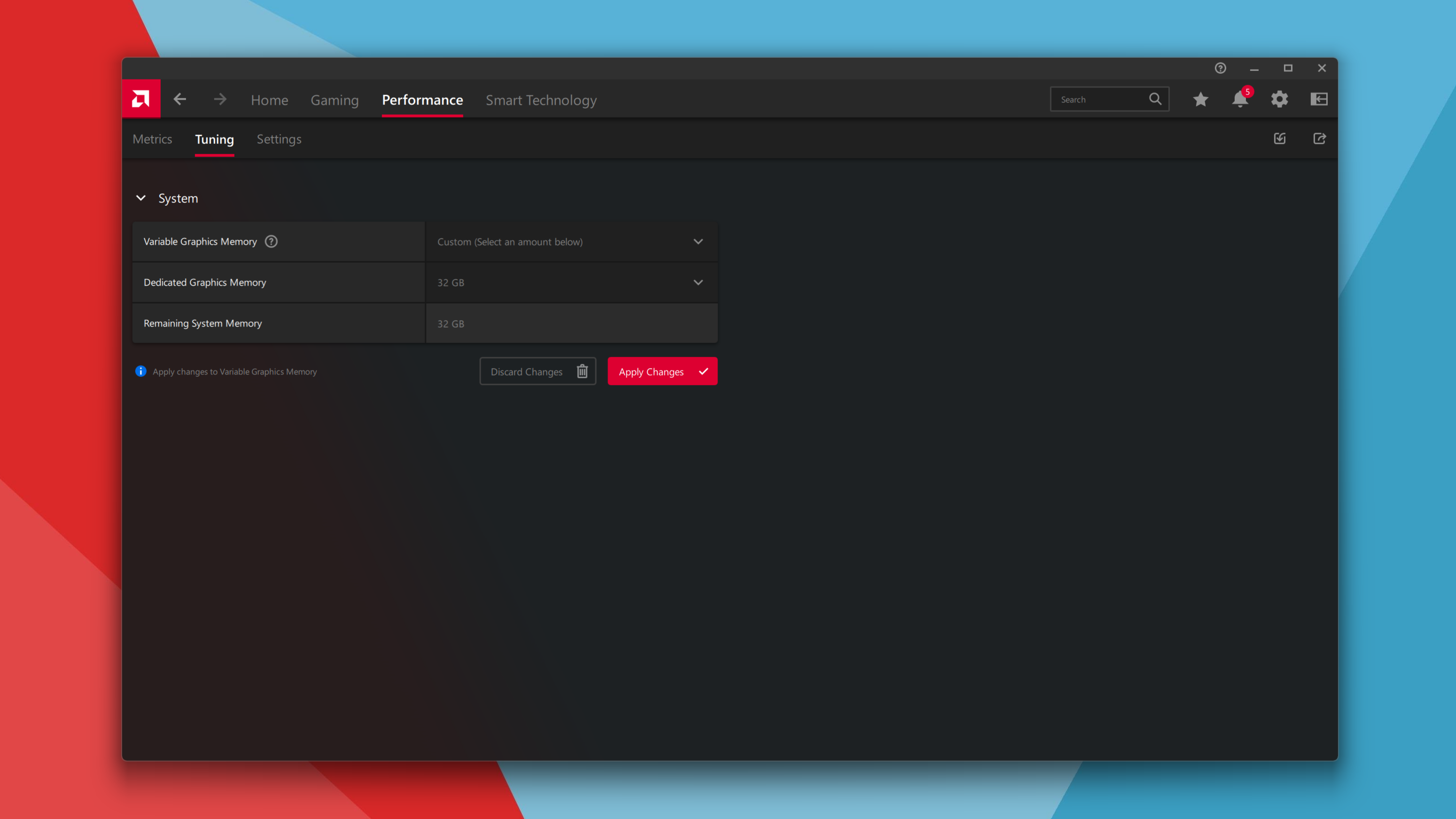 A screenshot of AMD's Adrenaline software showing how you can allocate more memory to the integrated graphics on the Framework Desktop