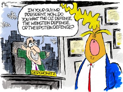 Political Cartoon U.S. Trump impeachment trial dershowitz