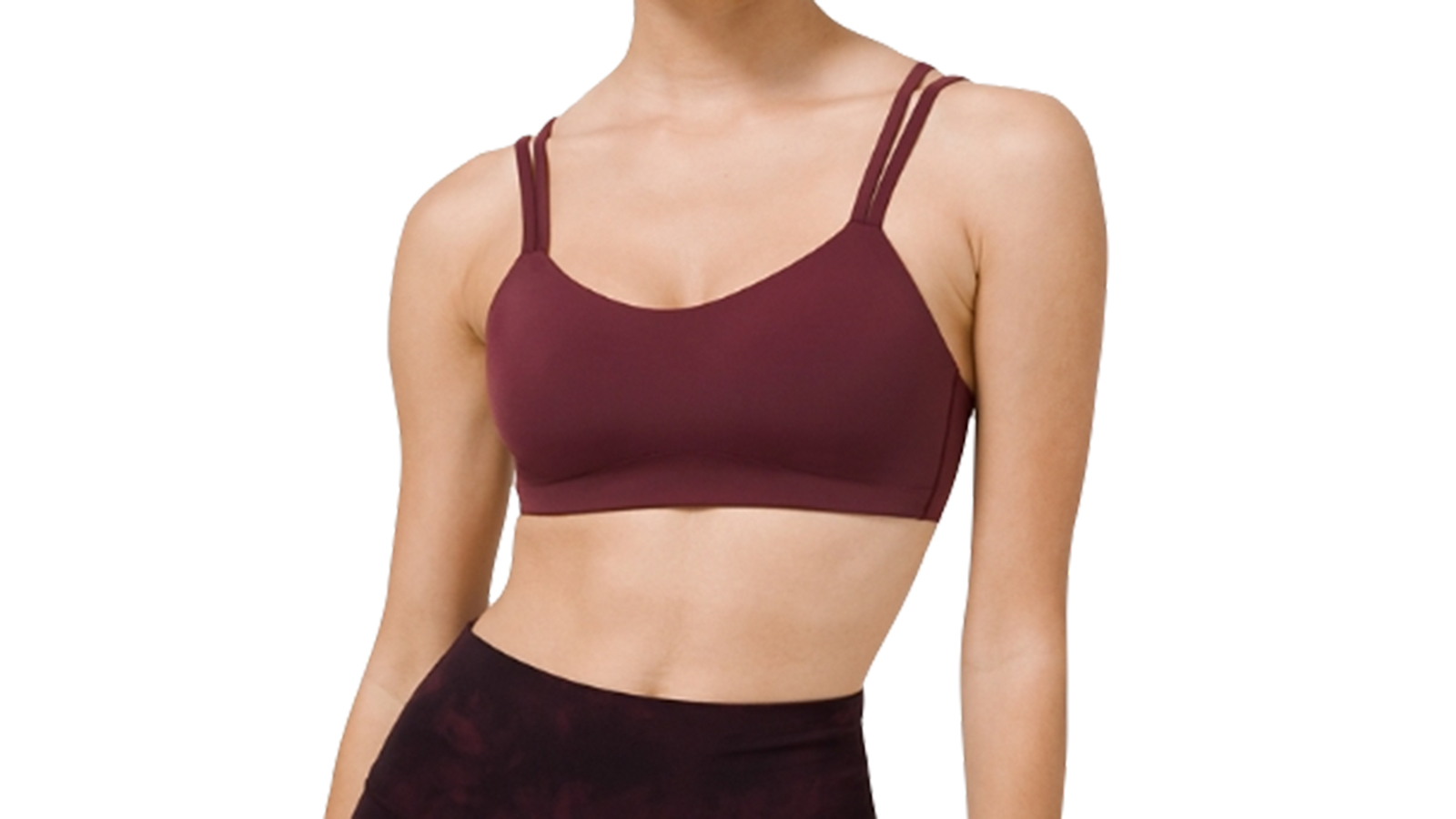 Vista frontal de una mujer que lleva Lululemon Like a Cloud Light Support Bra en violeta, uno de los mejores sujetadores w & h para la grasa de la espalda