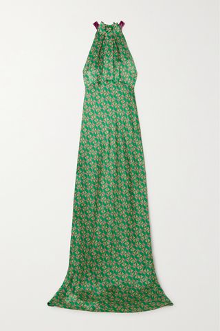 Michelle Velvet-Trimmed Floral-Print Hammered Silk-Satin Maxi Dress