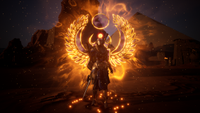 A human in an Egyptian god mask with golden, radiant wings growing out of their back