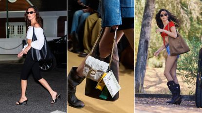 a collage of Bella Hadid carrying the Coach Brooklyn Bag along with a model on the runway carrying the Coach Brooklyn bag with another bag