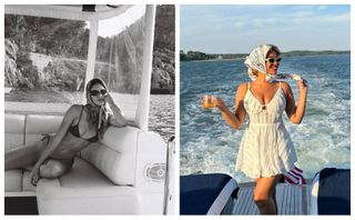 a collage of Kendall Jenner and Beyonce on boats wearing vintage headscarves and cat eye sunglasses