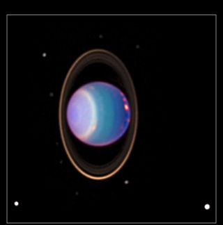 The Hubble Space Telescope observes Uranus every year. This view, in near infrared light, highlights not only the planet's rings but also atmospheric belts and clouds.