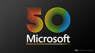 The words "50 Microsoft" on a black background. The 50 uses the font of the original Microsoft logo and uses red, yellow, green, and blue coloring.