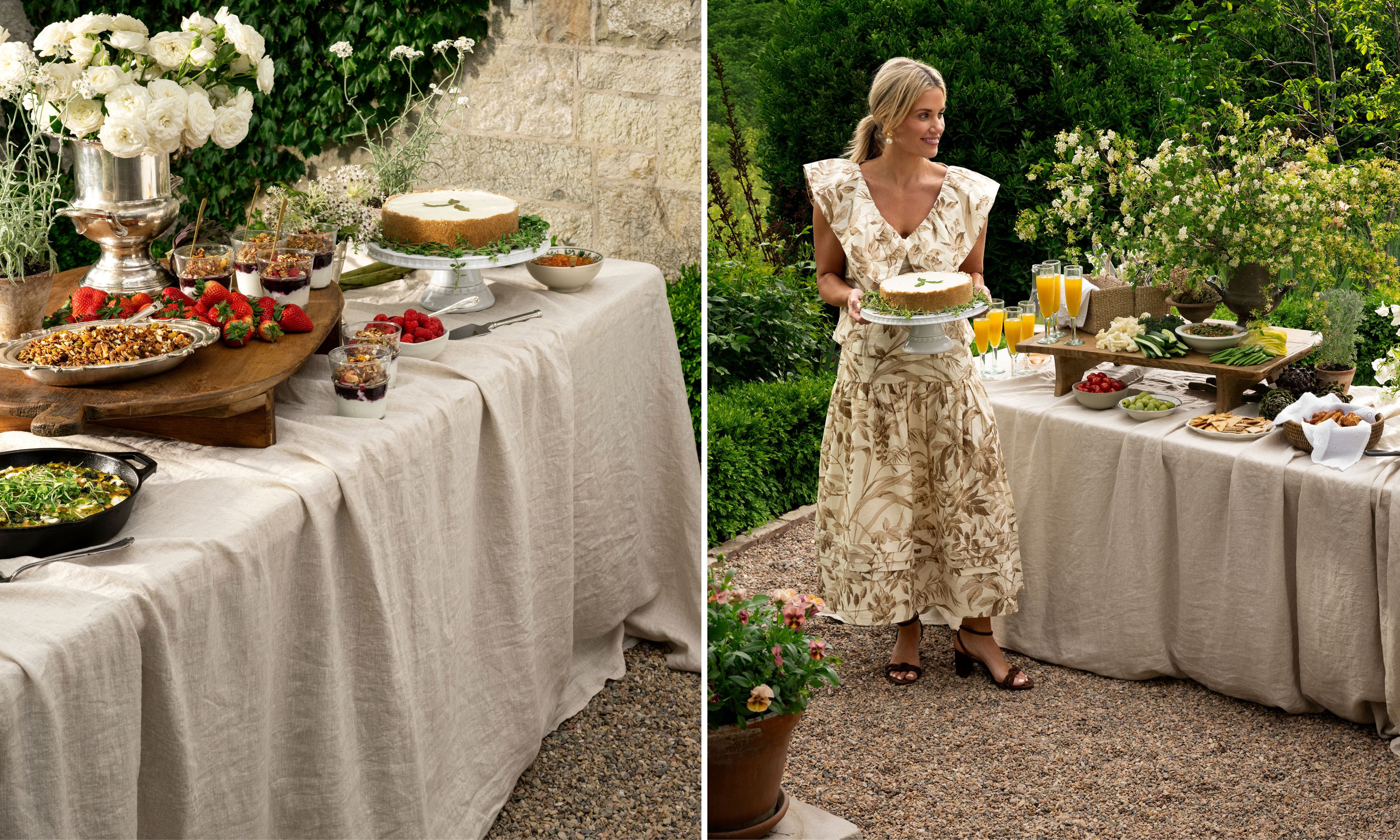 A two-paneled image featuring Shea McGee hosting a garden brunch. The left shows a close-up of a buffet table draped in beige linen. The right shows Shea in a floral ruffled dress holding a cake next