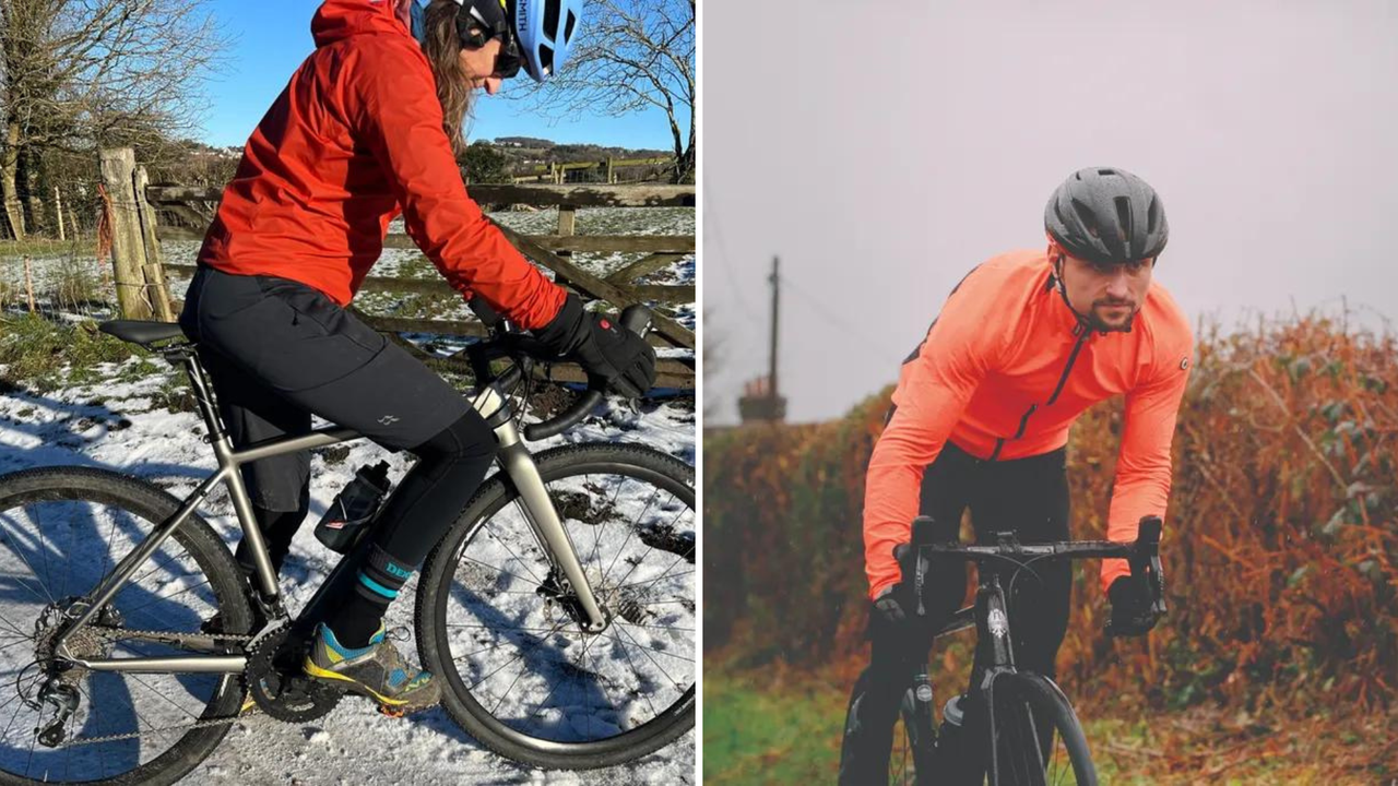 Cyclist in the snow in adventure kit (left), cyclist in assos jacket (right)