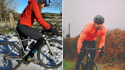 Cyclist in the snow in adventure kit (left), cyclist in assos jacket (right)