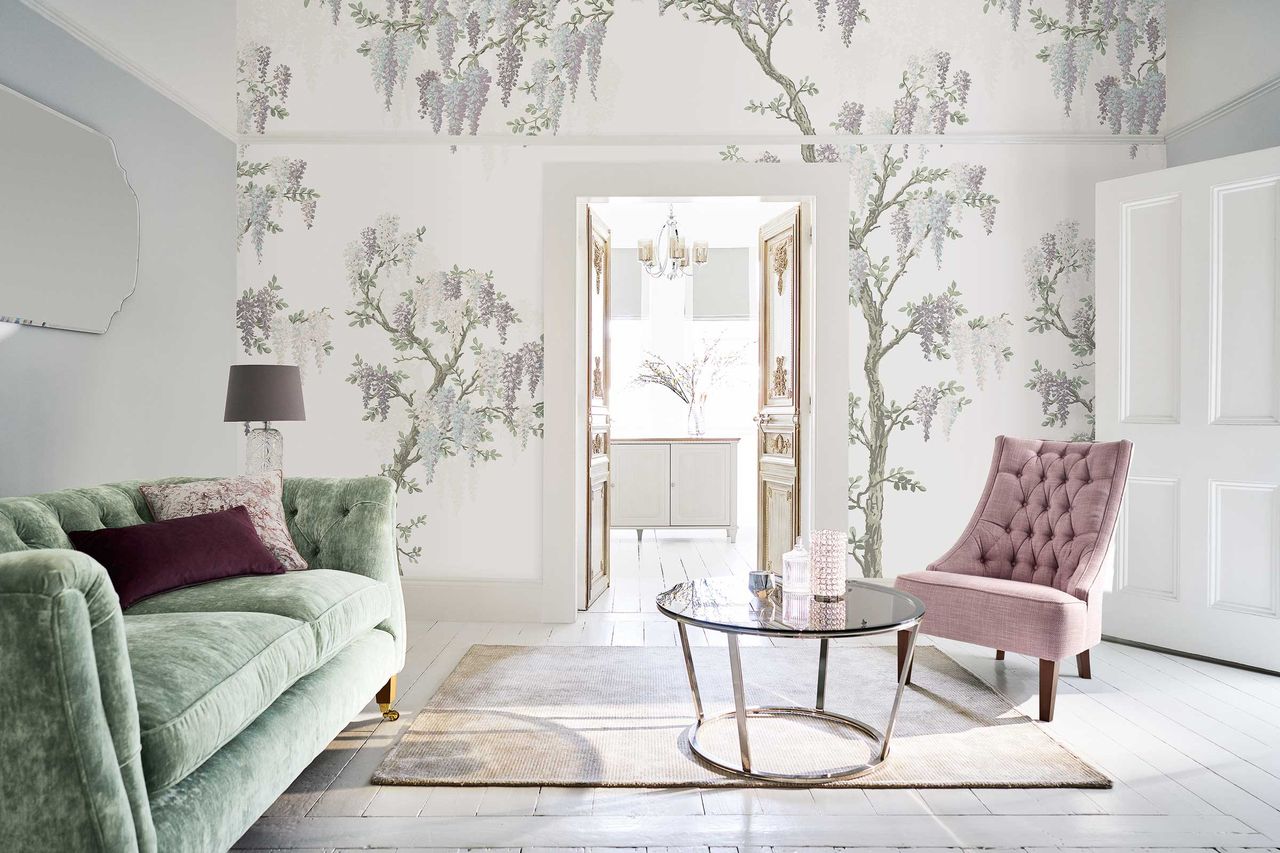 Laura Ashley wallpaper in living room; sold at Next