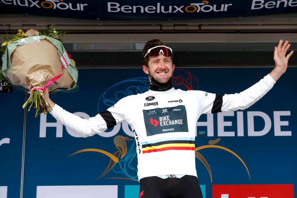 HOOGERHEIDE NETHERLANDS SEPTEMBER 01 Luke Durbridge of Australia and Team BikeExchange celebrates winning the White Combativity Jersey on the podium ceremony after the 17th Benelux Tour 2021 Stage 3 a 1683km stage from Essen to Hoogerheide BeneluxTour on September 01 2021 in Hoogerheide Netherlands Photo by Bas CzerwinskiGetty Images