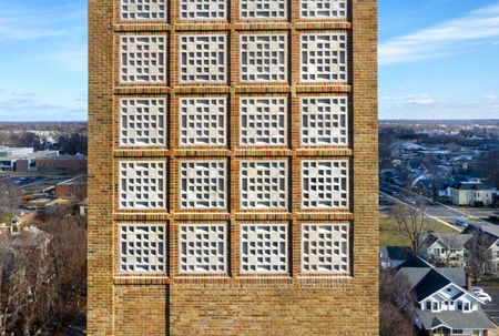 close up of patterns on Columbus First Christian Church Tower by Saarinen