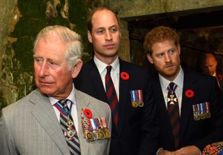 Prince Charles, Prince of Wales, Prince William, Duke of Cambridge and Prince Harry tour a tunnel made during WWI