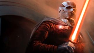 Art for the video game Star Wars: Knights of the Old Republic. Close up of a menacing figure with pale skin and black markings on his bald head. The bottom half of his face is obscured by a metal mask. He is wearing a cape and armor. He is holding a red lightsaber in front of him, ready to fight.