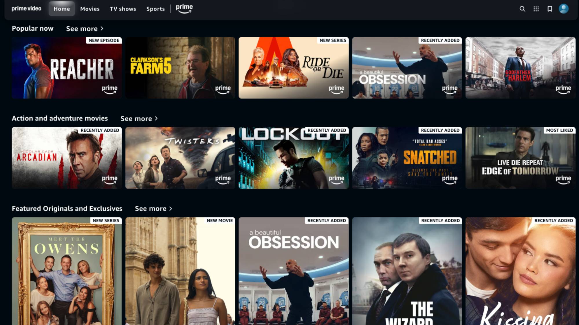 A screen cap of the Prime Video homepage in August 2026