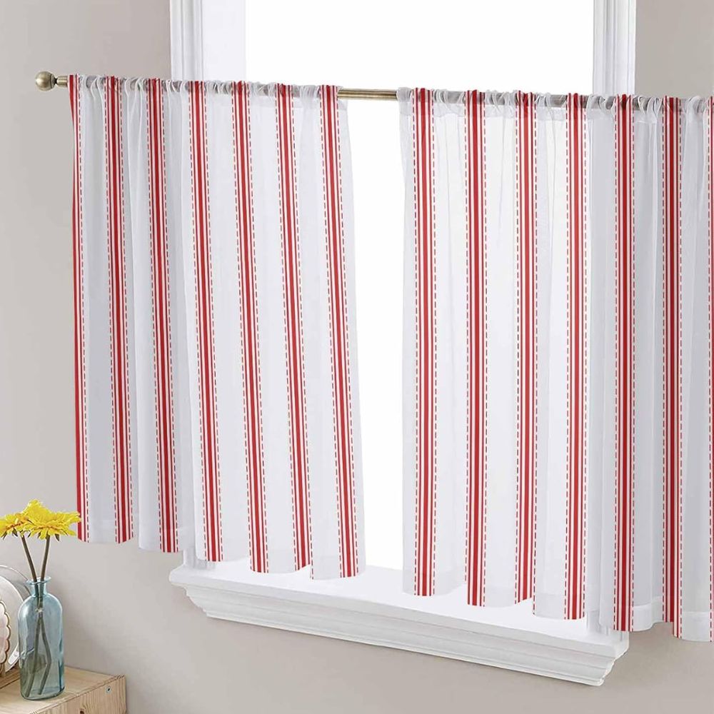 Red Stripes Sheer Curtains 2 Panels Set