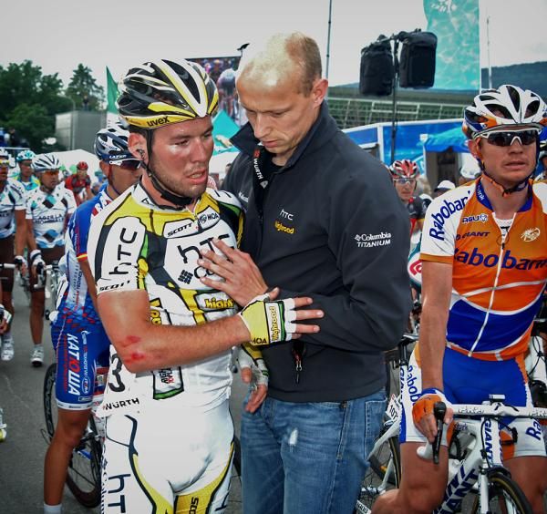 Mark Cavendish looking in shock after his high-speed get off.