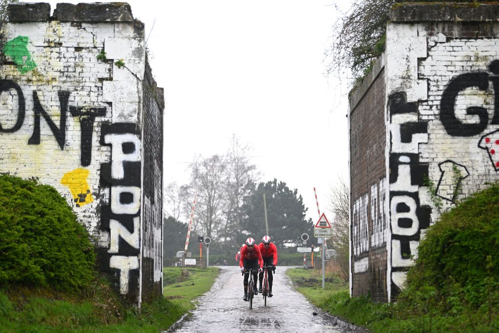 ROUBAIX FRANCE APRIL 06 LR Alexis Renard of France and Max Walscheid of Germany and Team Cofidis during the ParisRoubaix 2023 Training Day 1 UCIWT on April 06 2023 in Roubaix France Photo by Luc ClaessenGetty Images