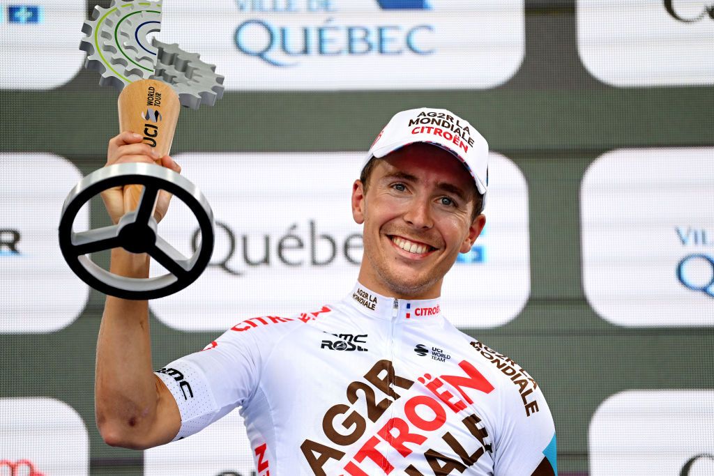 Benoit Cosnefroy of France and Ag2R Citroen Team celebrates winning the the 11th Grand Prix Cycliste de Quebec 2022 