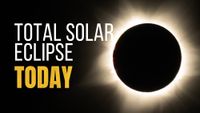 text on the left reads total solar eclipse today and on the right is the sun during totality appearing as black circle surrounded by a white halo. 
