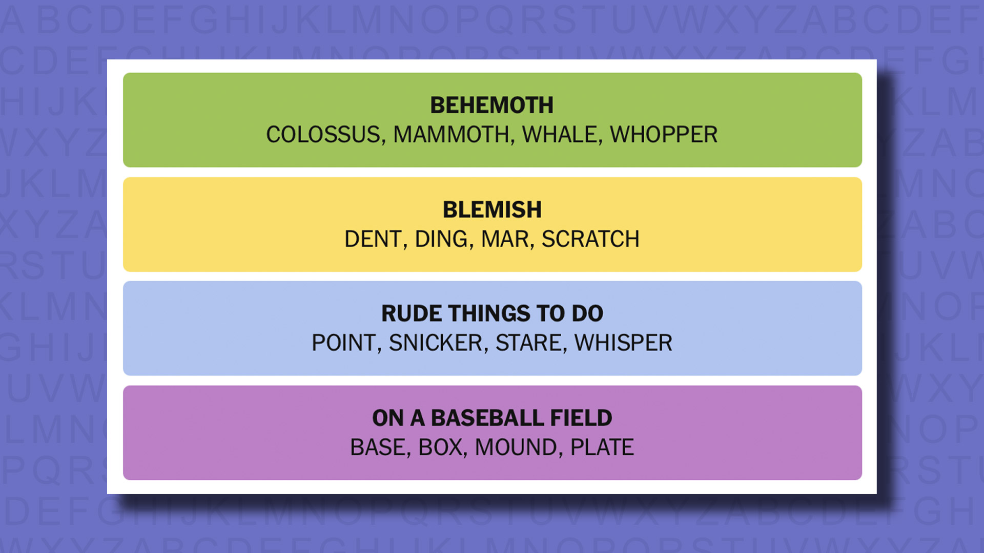 NYT Connections answers for game 823 on a purple background