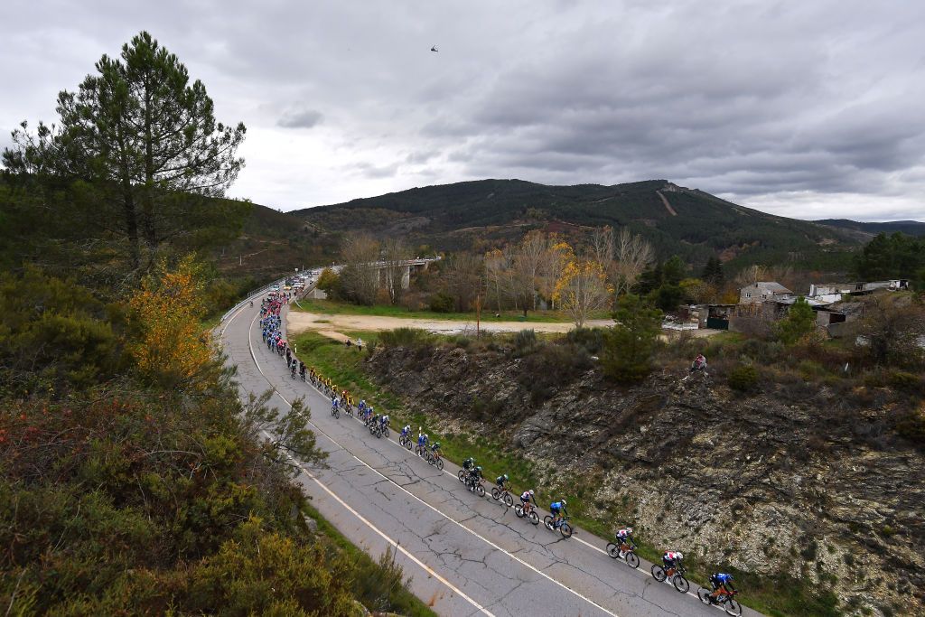 PUEBLA DE SANABRIA SPAIN NOVEMBER 05 Landscape Peloton Mountains during the 75th Tour of Spain 2020 Stage 15 a 2308km stage from Mos to Puebla de Sanabria 924m lavuelta LaVuelta20 La Vuelta on November 05 2020 in Puebla de Sanabria Spain Photo by Justin SetterfieldGetty Images