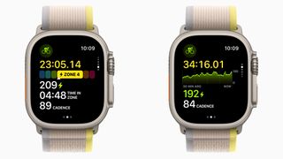 Two Apple Watch Ultras displaying power zone metrics