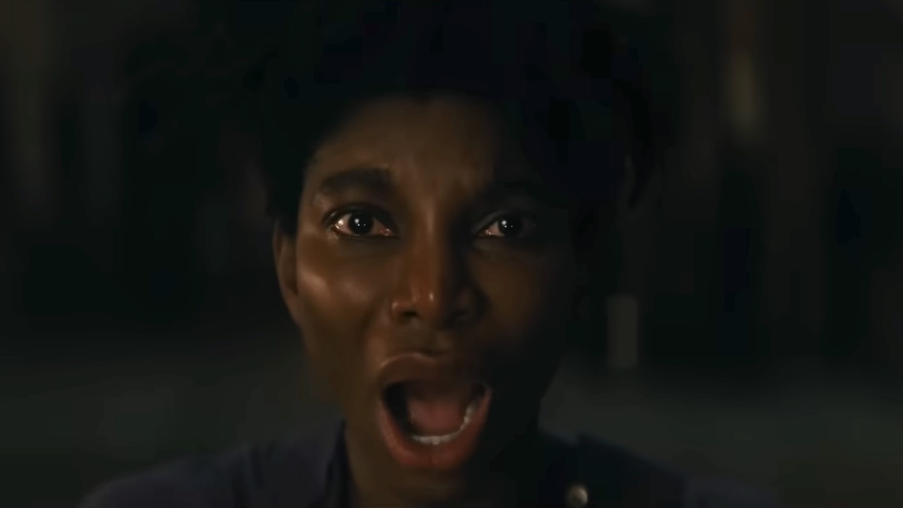Michaela Coel&#039;s Sam with eyes and mouth wide open in Mother Mary