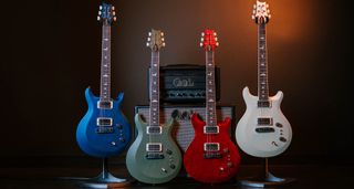 PRS S2 Mira 594: lined up against a PRS head and cab, the relaunched and refreshed Mira 594 is presented in blue, Matcha Green, red and Antique White