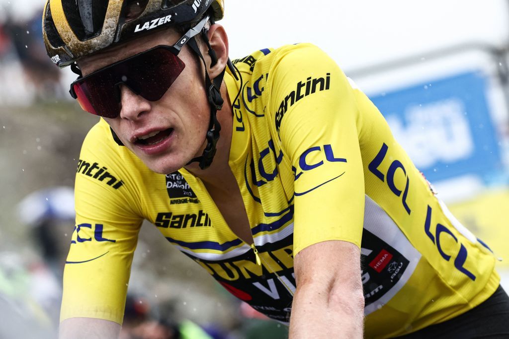 JumboVismas Danish rider Jonas Vingegaard celebrates as he crosses the finish line during the seventh stage of the 75th edition of the Criterium du Dauphine cycling race 148km between Port de Savoie to Col de la Croix de Fer Saint Sorlin France on June 10 2023 Photo by AnneChristine POUJOULAT AFP Photo by ANNECHRISTINE POUJOULATAFP via Getty Images