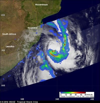 NASA TRMM satellite image shows rainfall rates from Tropical Storm Irina, with the highest (in red) falling at about 2 inches (50 mm) per hour, and lighter rates shown in blue and green.