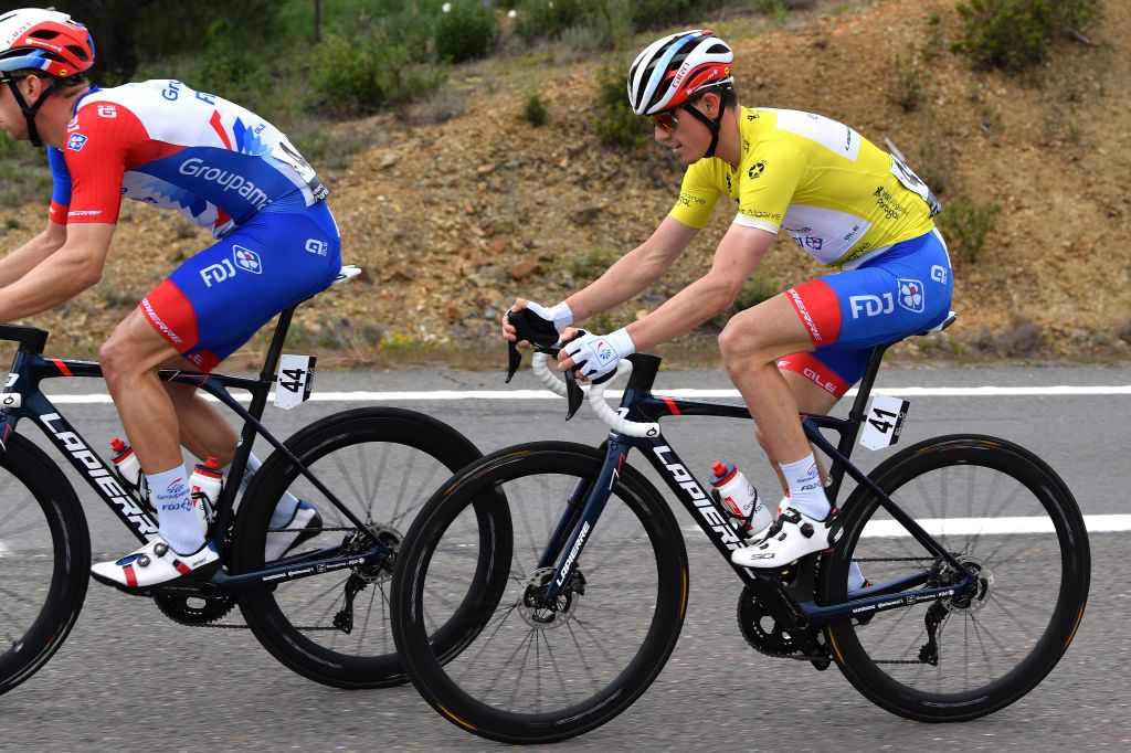 FARO PORTUGAL FEBRUARY 18 David Gaudu of France and Team Groupama FDJ yellow leader jersey competes during the 48th Volta Ao Algarve 2022 Stage 3 a 2114km stage from Almodvar to Faro VAlgarve2022 on February 18 2022 in Faro Portugal Photo by Luc ClaessenGetty Images